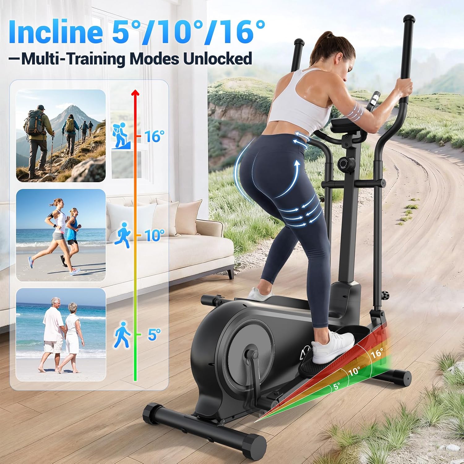 ANCHEER Elliptical Exercise Machine Foldable Elliptical Trainer 16" Stride | Ultra-Silent Elliptical Machine for Home, 550LBS Loading Capacity, 16 Resistance Levels &Pulse Rate Grips &Adjustable Pedals