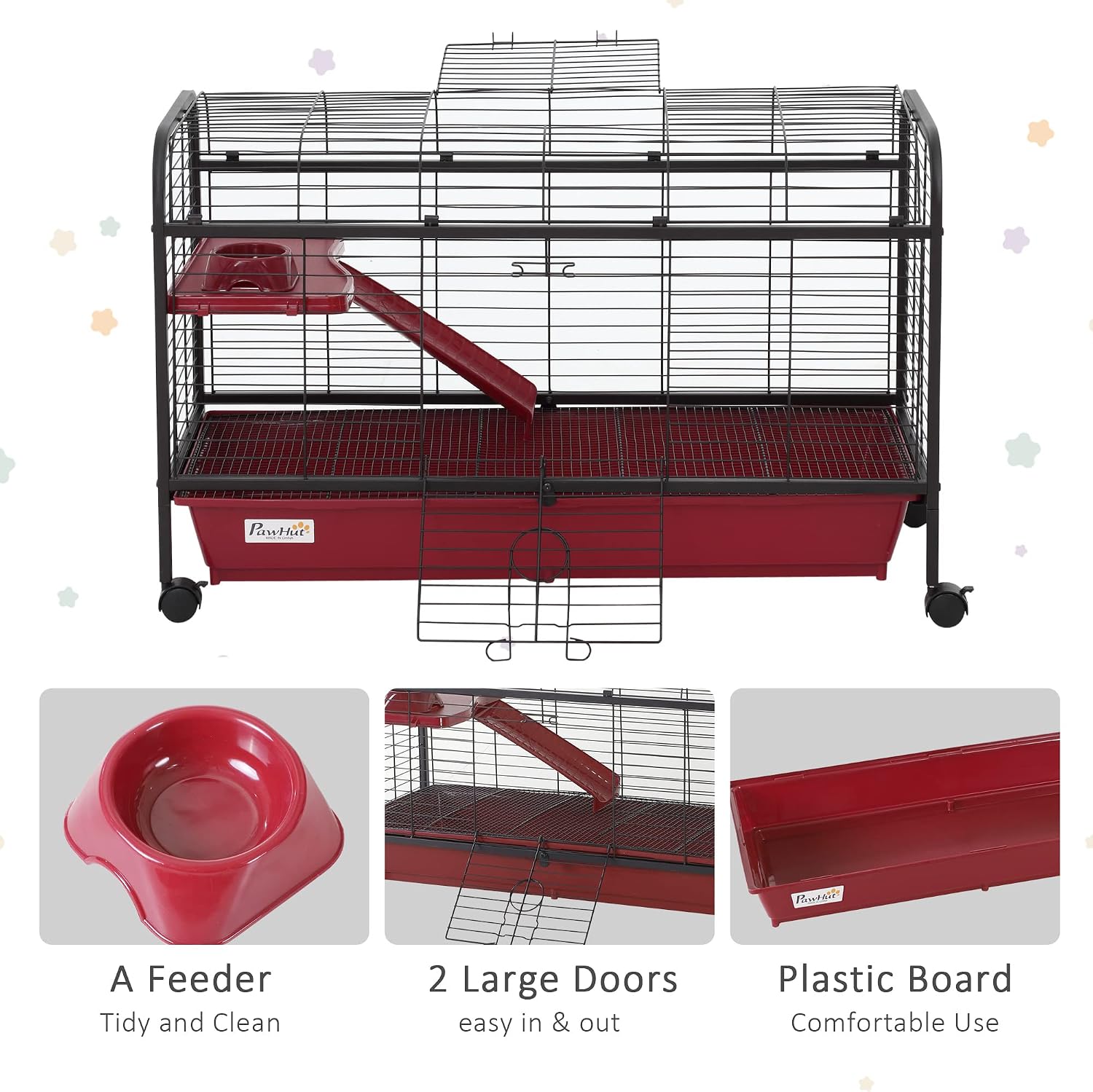 PawHut 41" L Small Animal Cage Rabbit Hutch with Feeder, Rolling Wheels Red