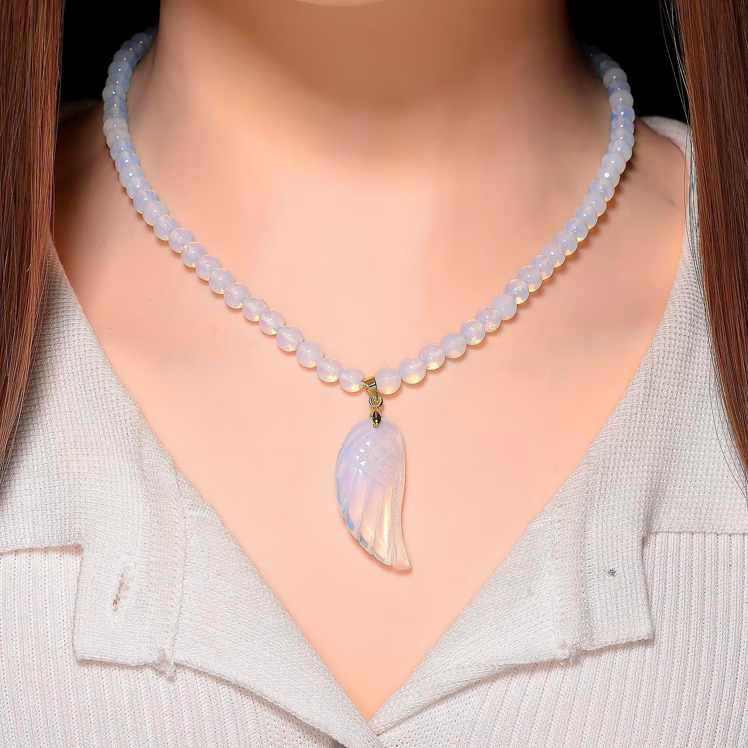 Opalite 110.00 ctw Carved Wing Pendant Beaded Necklace in Goldtone 18-20"