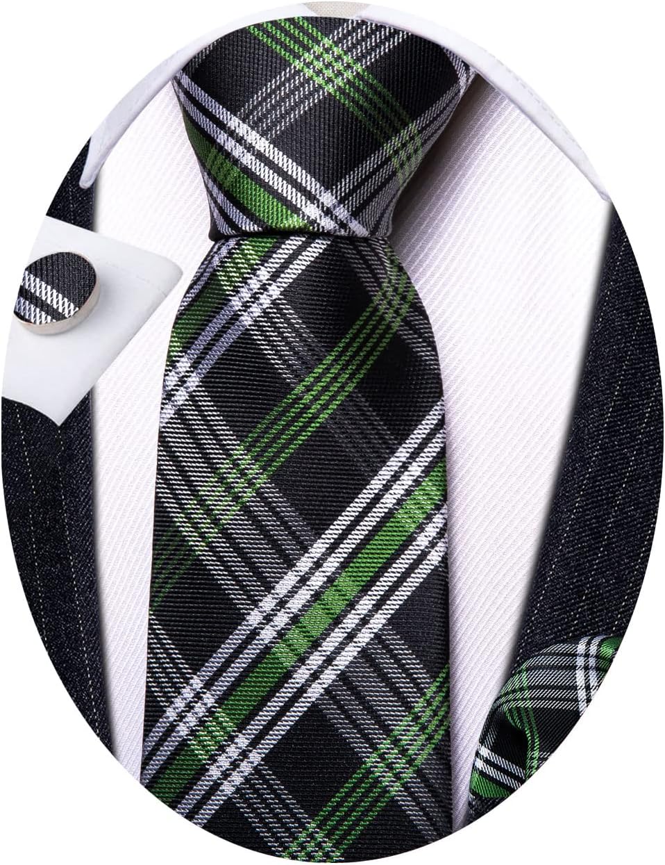 Barry.Wang Plaid Ties for Men Silk Necktie Handkerchief Cuff Links Set