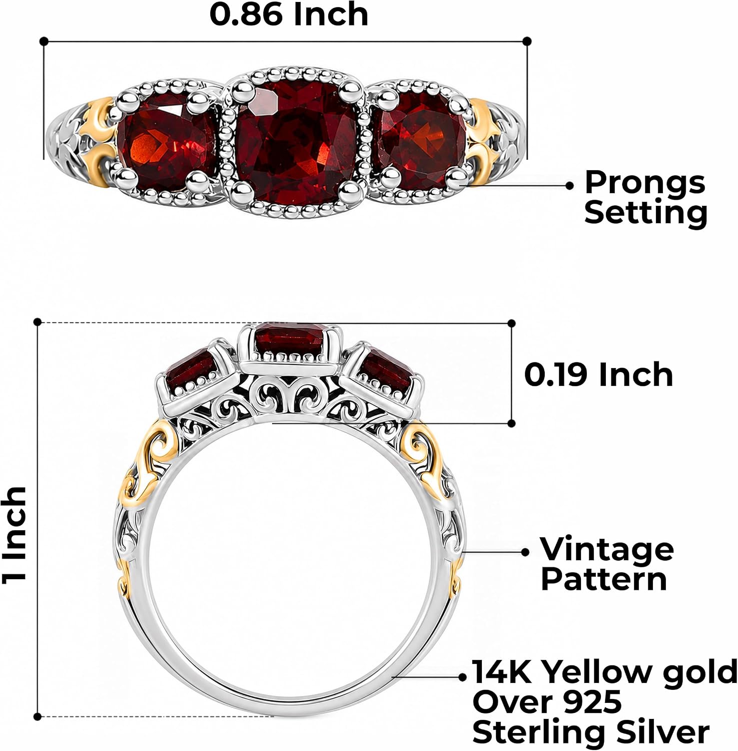 3 Stone Garnet Ring Silver with 14K Gold Plating January Birthstone Ring