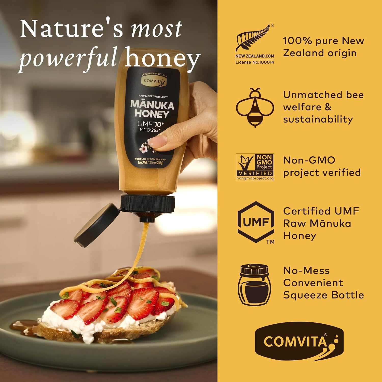 Comvita Manuka Honey UMF 10+ (MGO 263+), Monofloral - 500g (17.6 Oz) | Raw Manuka Honey New Zealand, Pure & Unpasteurized, Superfood for Immune Health, Wild, Use in Tea, Non-GMO