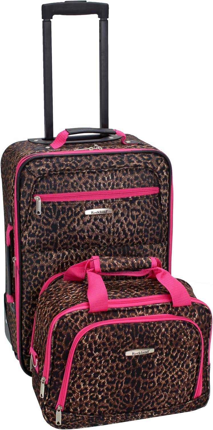 Rockland Fashion Softside Upright Luggage Set,Expandable, Telescopic Handle, Wheel, Black Dot, 2-Piece (14/19)