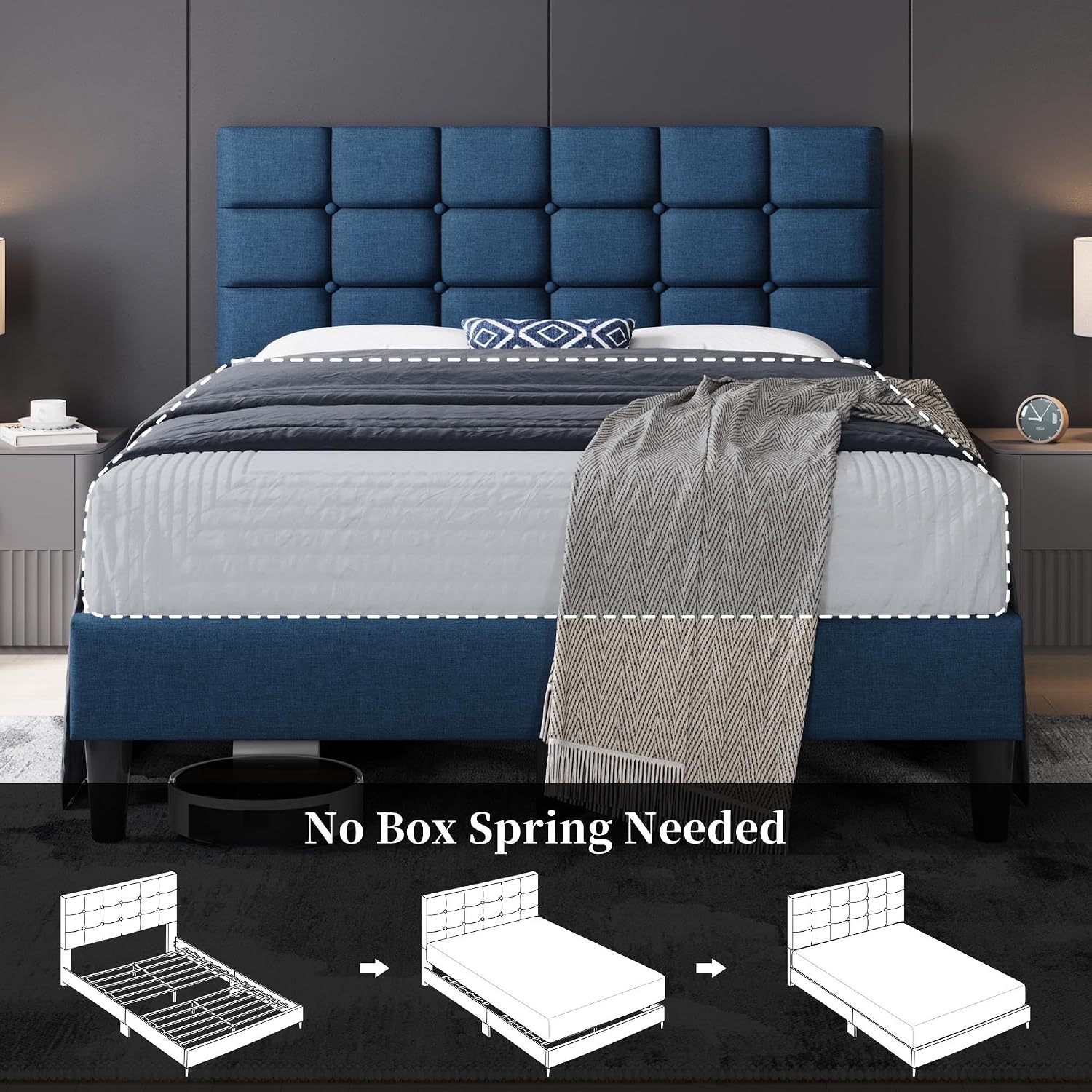 Yaheetech Full Size Upholstered Tufted Bed Frame with Headboard, Dark Gray | Sturdy engineered wood frame with linen fabric upholstery features a soft tufted headboard for easy assembly and support