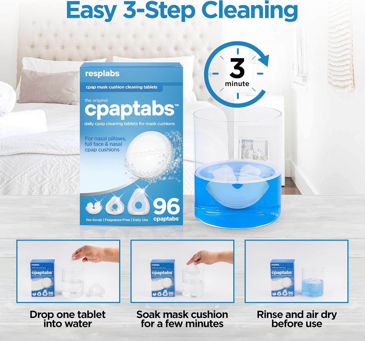 resplabs CPAP Cleaning Tablets, 96 Pack - Effervescent Cleaner for CPAP Masks, Tubing, and Humidifiers - 3 Month Supply
