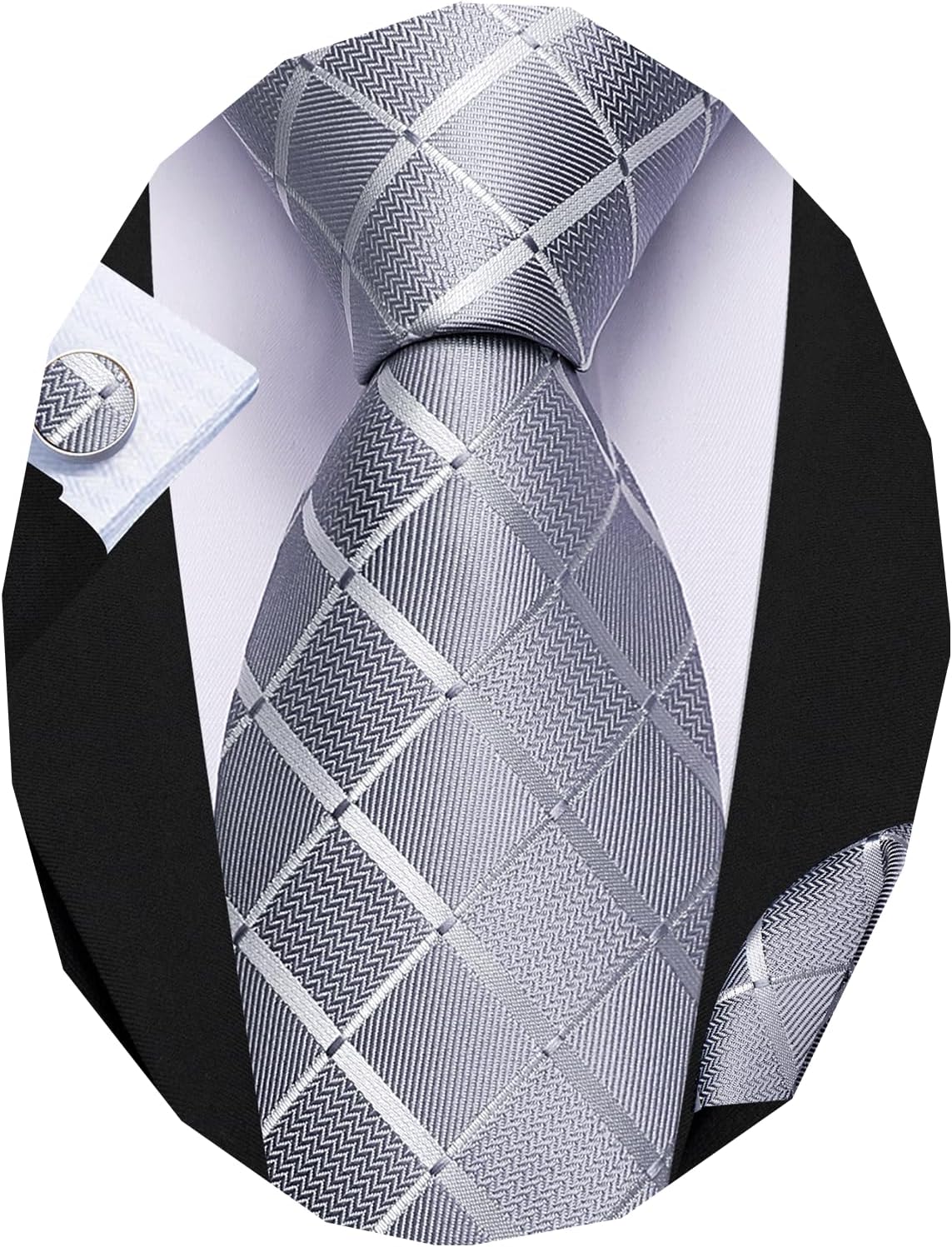 Barry.Wang Plaid Ties for Men Silk Necktie Handkerchief Cuff Links Set