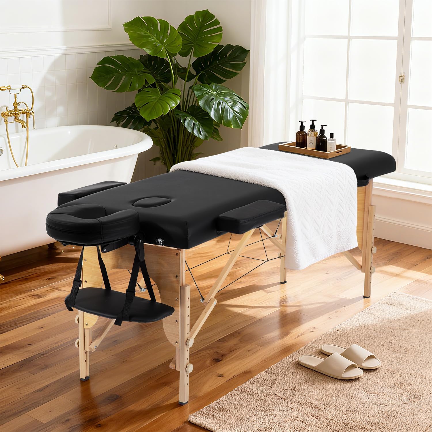 BestMassage | Portable Massage Table | 24" Wide, Black PU Leather | Lightweight, 2-Fold Massage Table with Height Adjustment, 450lbs Capacity, Carry Bag | For Massage, Facial, Tattoo, Home, Spa