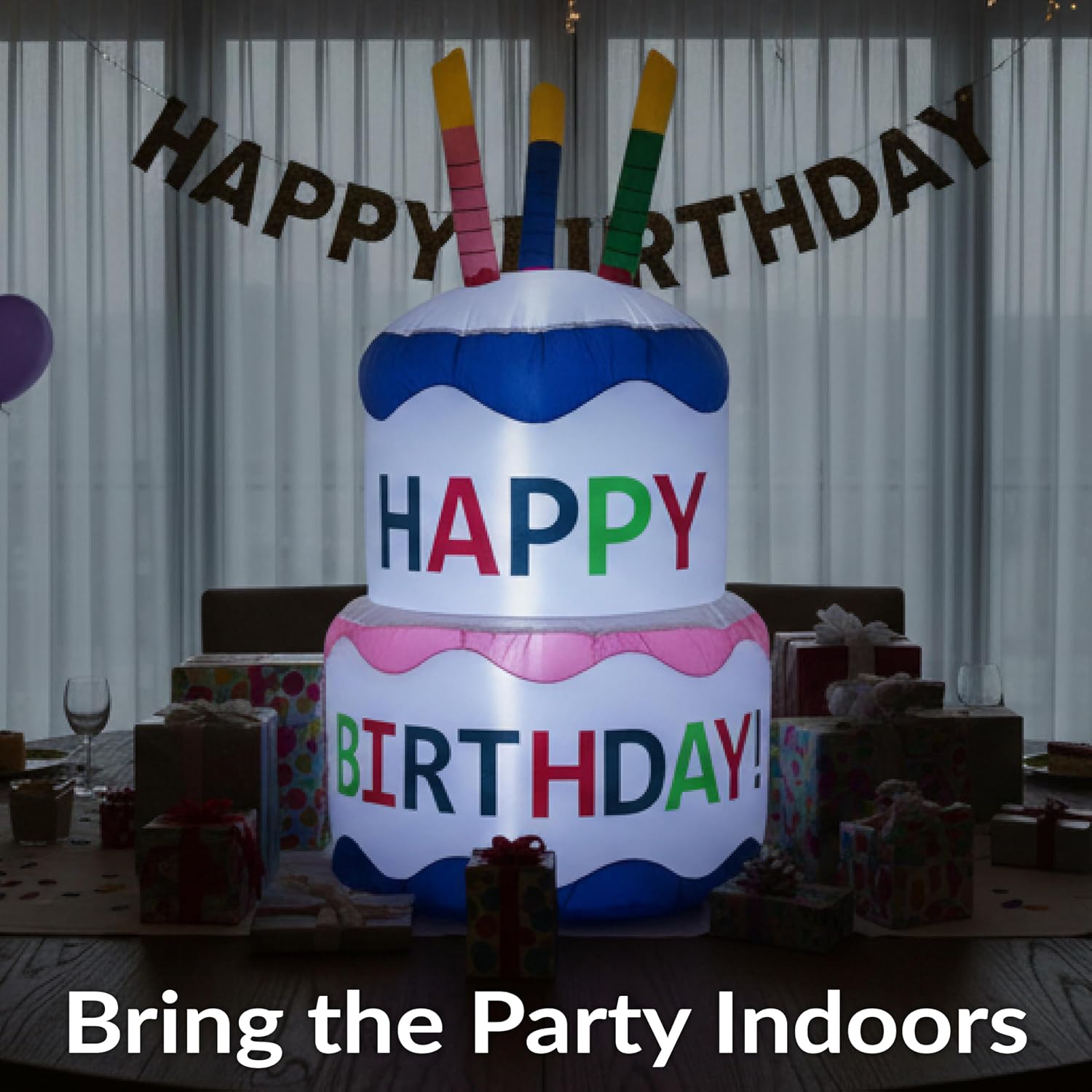 Sunnydaze 4-Foot Happy Birthday Cake Inflatable Decoration - Fan Blower and LED Lights