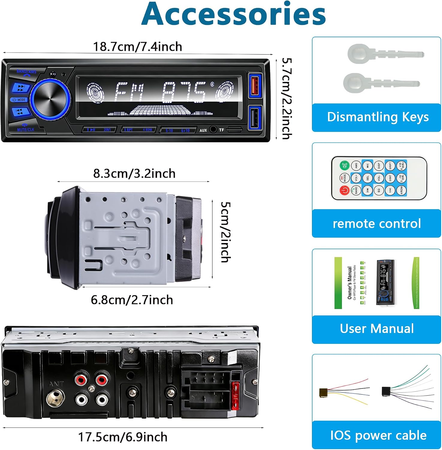 REAKOSOUND Car Radio Bluetooth Single DIN Stereo - FM, USB, AUX, APP, No CD