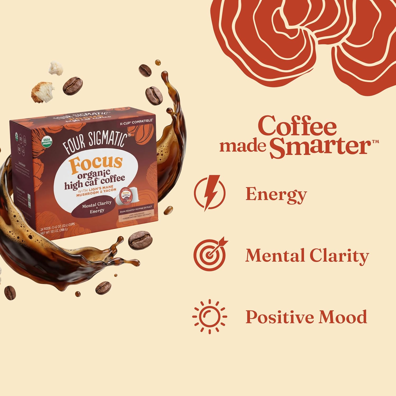 Four Sigmatic Mushroom Coffee K-Cups | Organic Dark Roast Coffee with Lion’s Mane Mushroom Powder & Yacon | Focus & Immune Support | Vegan & Keto