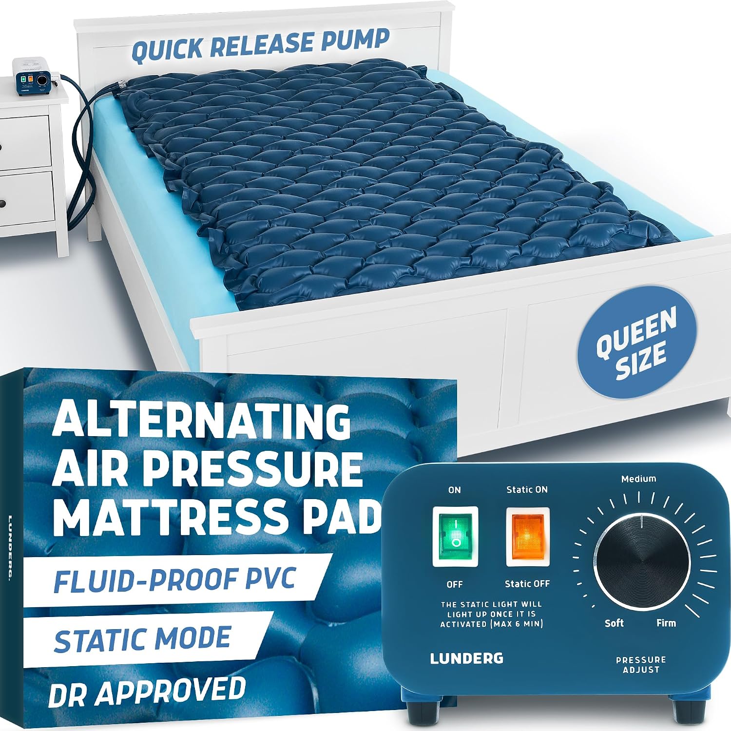 Lunderg PressuRelief Alternating Air Pressure Mattress Pad with Static Mode | With Snap-2-Pad Comfort Layer - Quiet Pump, Comfortable Bed Sore Prevention Mattress Topper for Hospital Bed or Home