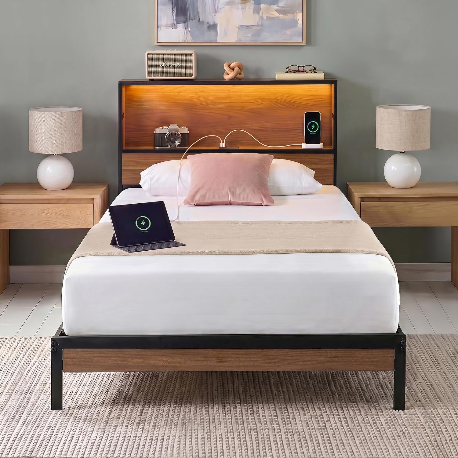 Zinus Kai Platform Bed Frame, RGB LED Lights, No Box Spring Needed, Full | Two-Tier Headboard for Space-Saving Storage, Built-in USB Charging Station, Soft Ambient Night Light