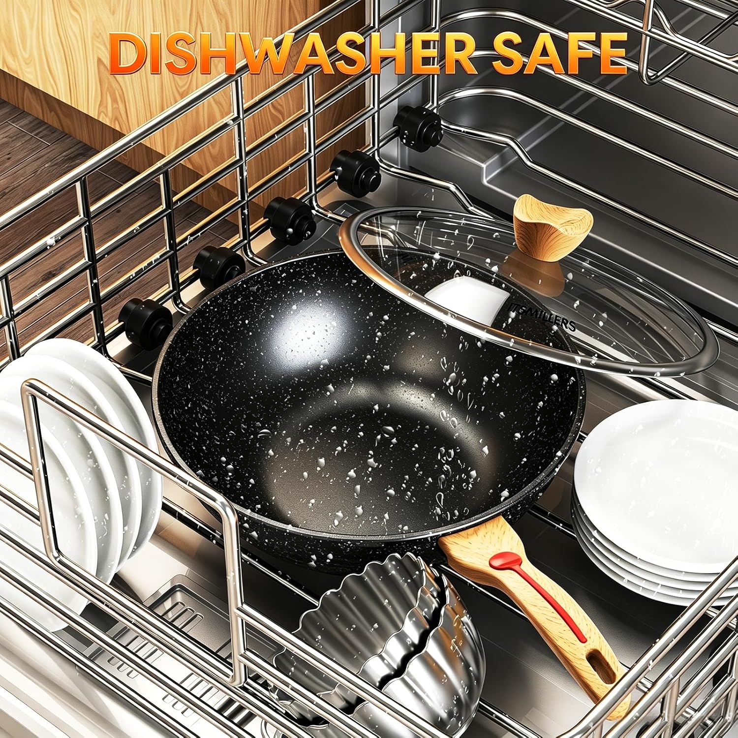 ITSMILLERS Nonstick Wok Aluminium Die-casting Chinese Wok, Scratch Resistant With Lid and Spatula, PFOA-Free, Dishwasher Safe & Induction Bottom