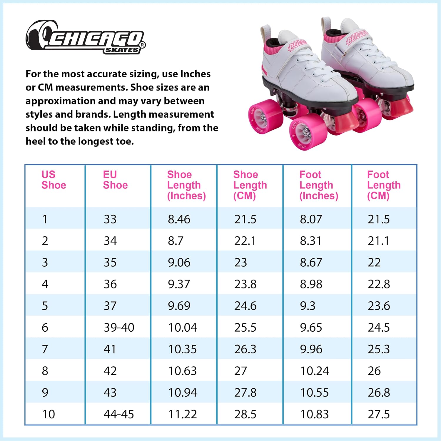 Chicago Skates Bullet Speed Roller Skates – Adjustable Quad Roller Skates Women Men, Durable Skates, Top Performance with Front Stopper, 62mm Urethane Wheels, Low-Cut Ankle Boot, Indoor Outdoor Toys