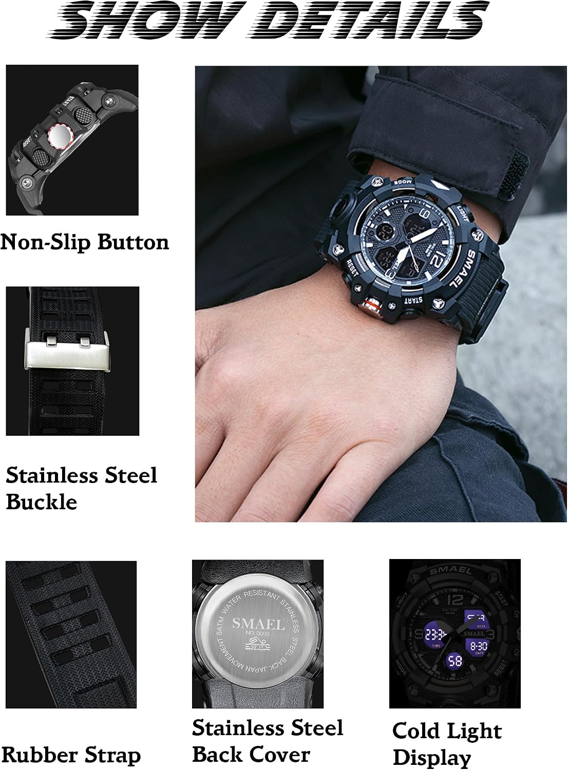 Gosasa Men's Large Face Outdoor Sports Watches Military S-Shock Watch Waterproof, Backlight, Alarm, Stopwatch Features - Rugged Wristwatch for Training, Hiking, and Adventure