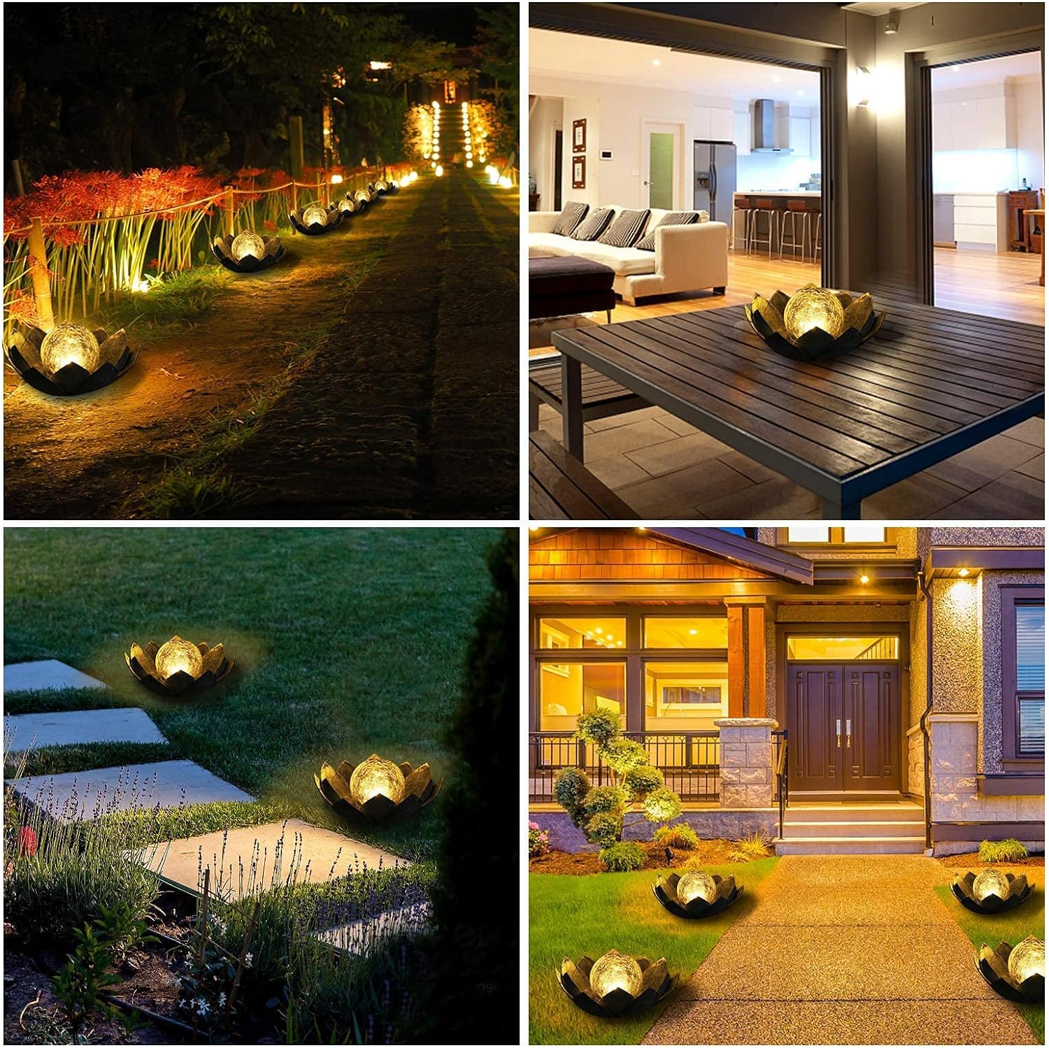 Huaxu Solar Lights Outdoor Garden, Crackle Globe Glass Lotus Decor, Waterproof LED Metal Flower Decorations for Patio,Lawn,Walkway,Tabletop,Ground
