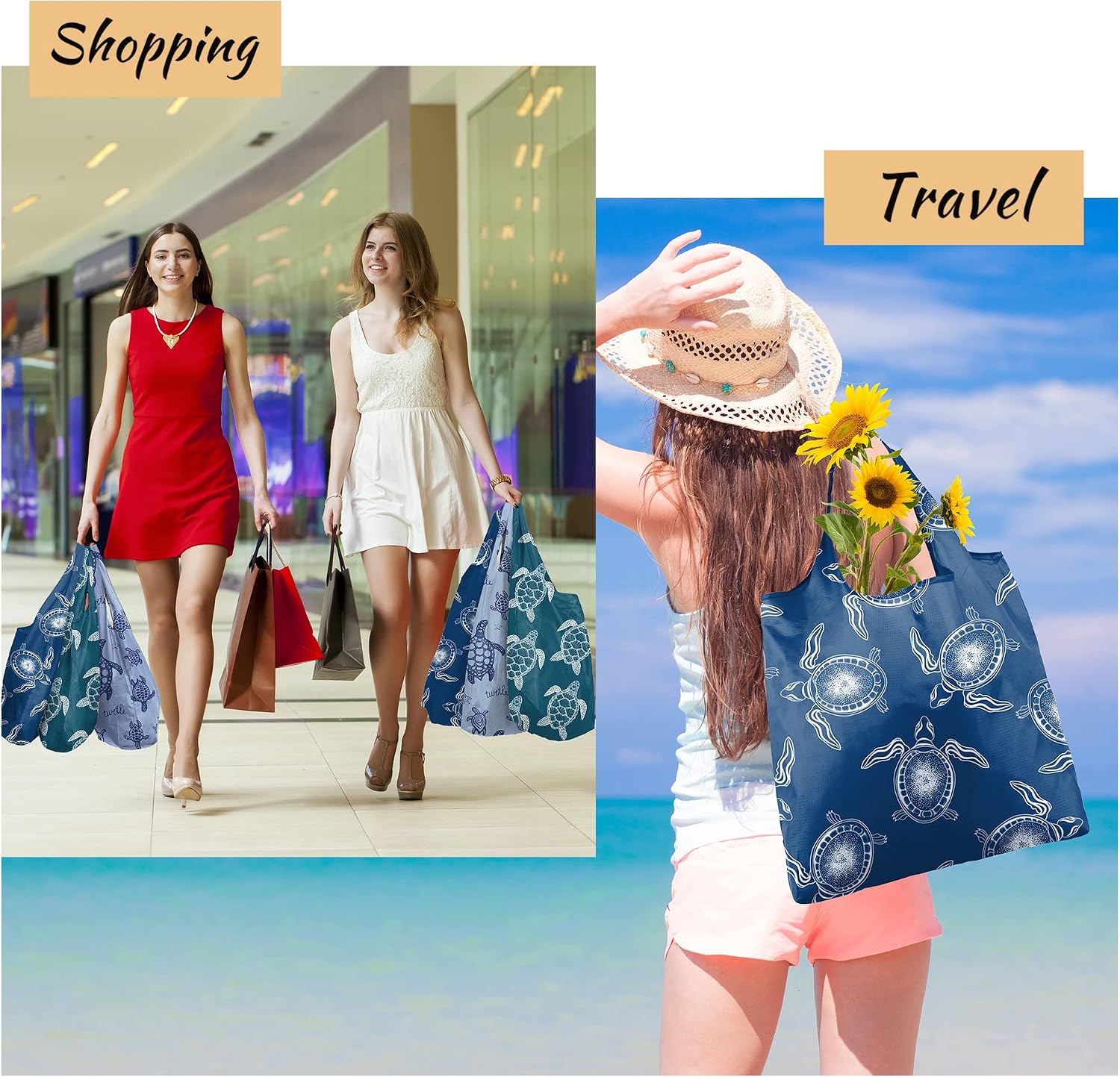 BeeGreen Grocery Bags | Reusable Gift Bags, Large Tote for Women & Foldable Beach Bag - 6 Pack Reusable Bag With Handles | Collapsible Cute Cloth Storage for Market, Holiday & Shopping | Washable​
