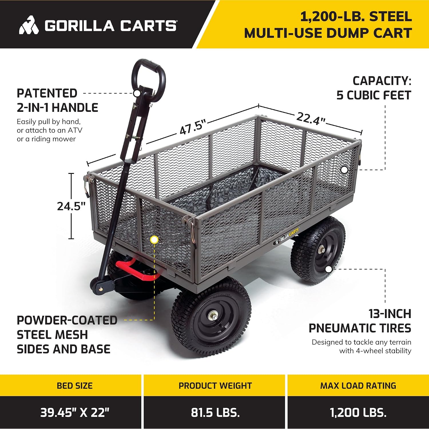 Gorilla Carts Steel Utility Garden Cart, 1200 lb. Capacity, 5 Cu Ft, Grey | 1