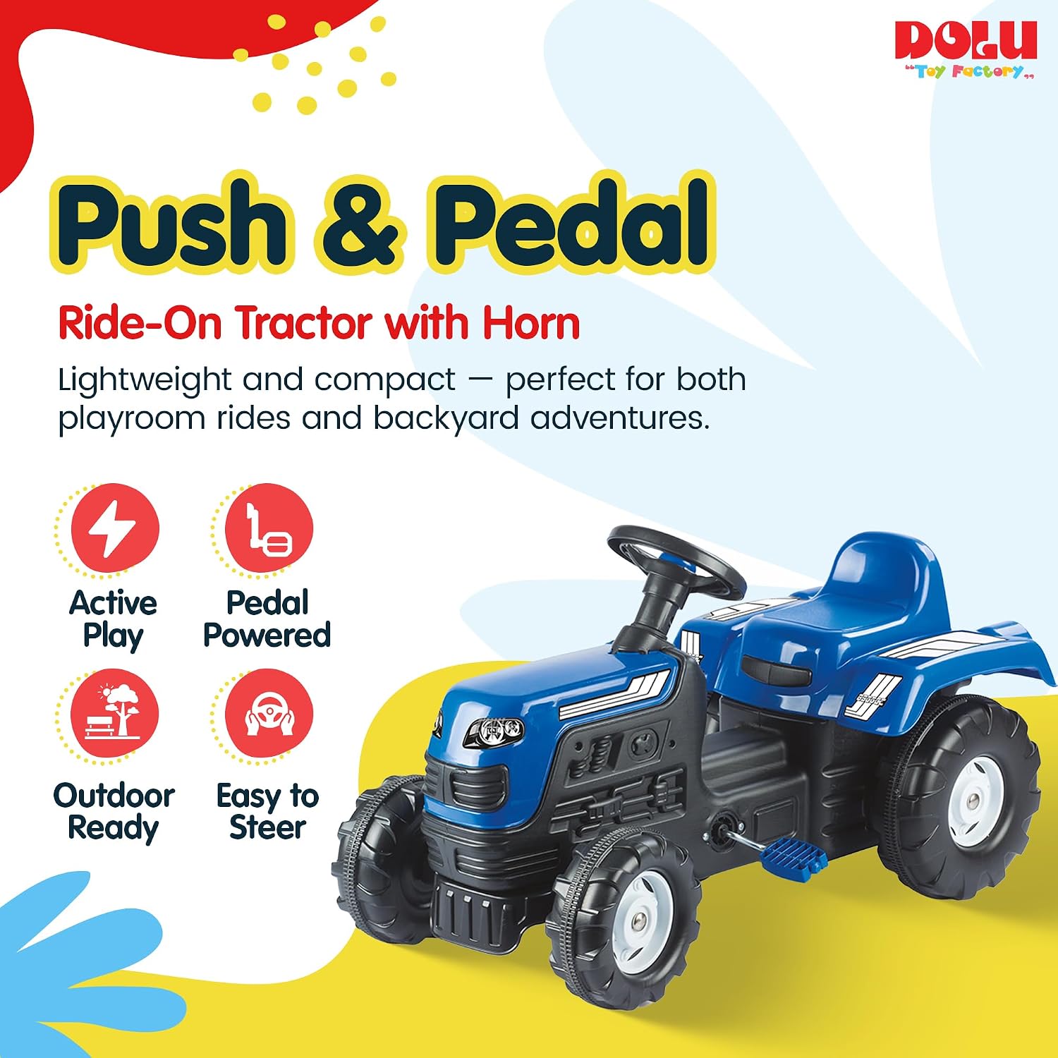 DOLU Ranchero Pedal Operated Ride On Tractor for Kids, Indoor Outdoor Toy Vehicle with Fun Horn and Sturdy Build for for Ages 3 Years and Older, Blue