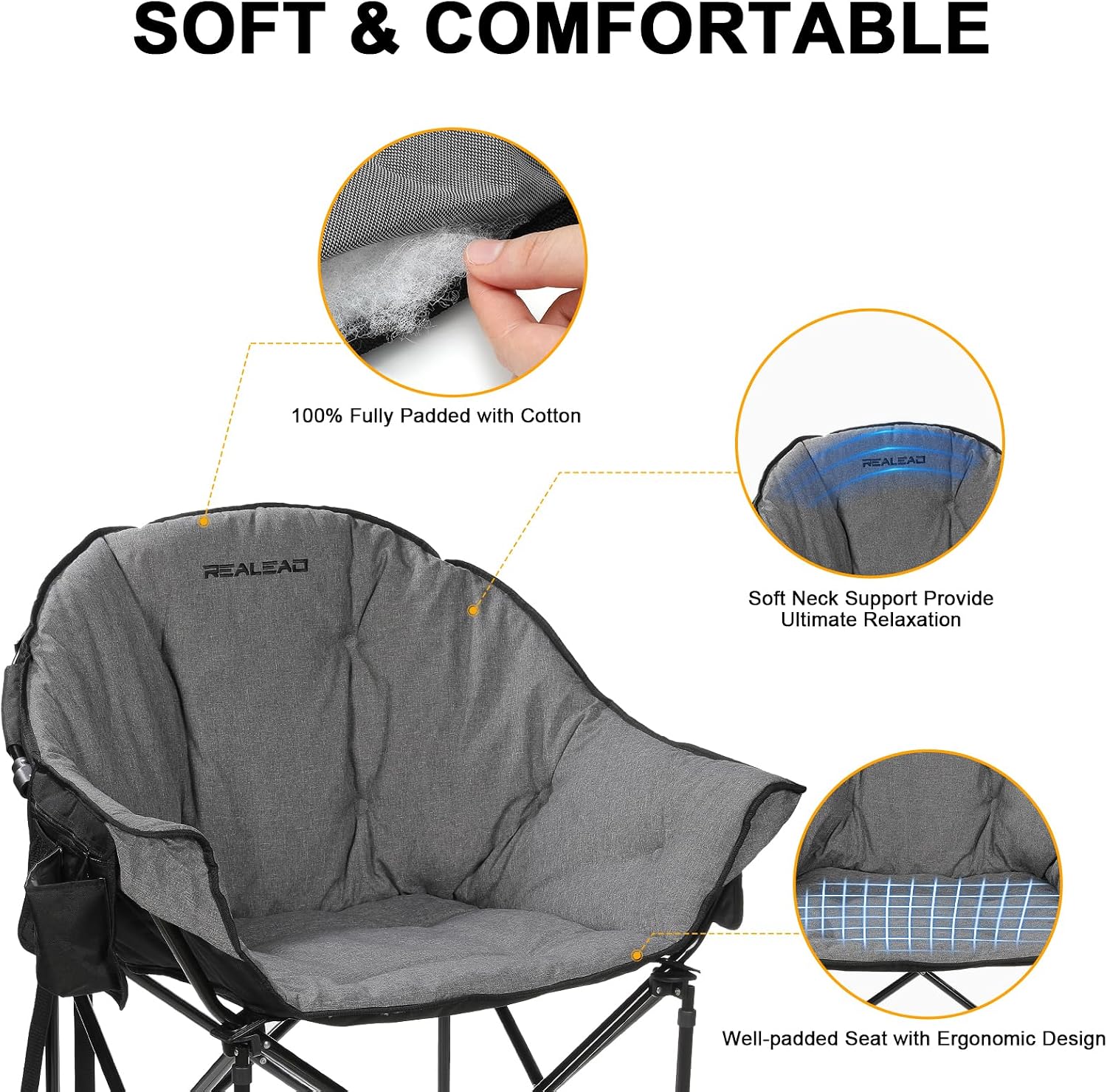 Oversized Camping Chairs Padded Heavy Duty Folding Support 400LBS | Comfy Lawn Chairs for Adults Outdoor Sports with Side Mesh Bag & Cup Holder, Portable Foldable, Sturdy Steel Frame (Grey)