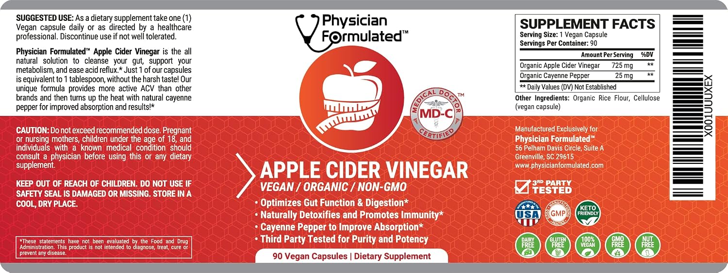 100% Organic Apple Cider Vinegar Capsules 750mg in just 1 Pill Pure Raw Apple Cider Vinegar with Cayenne Pepper for Natural