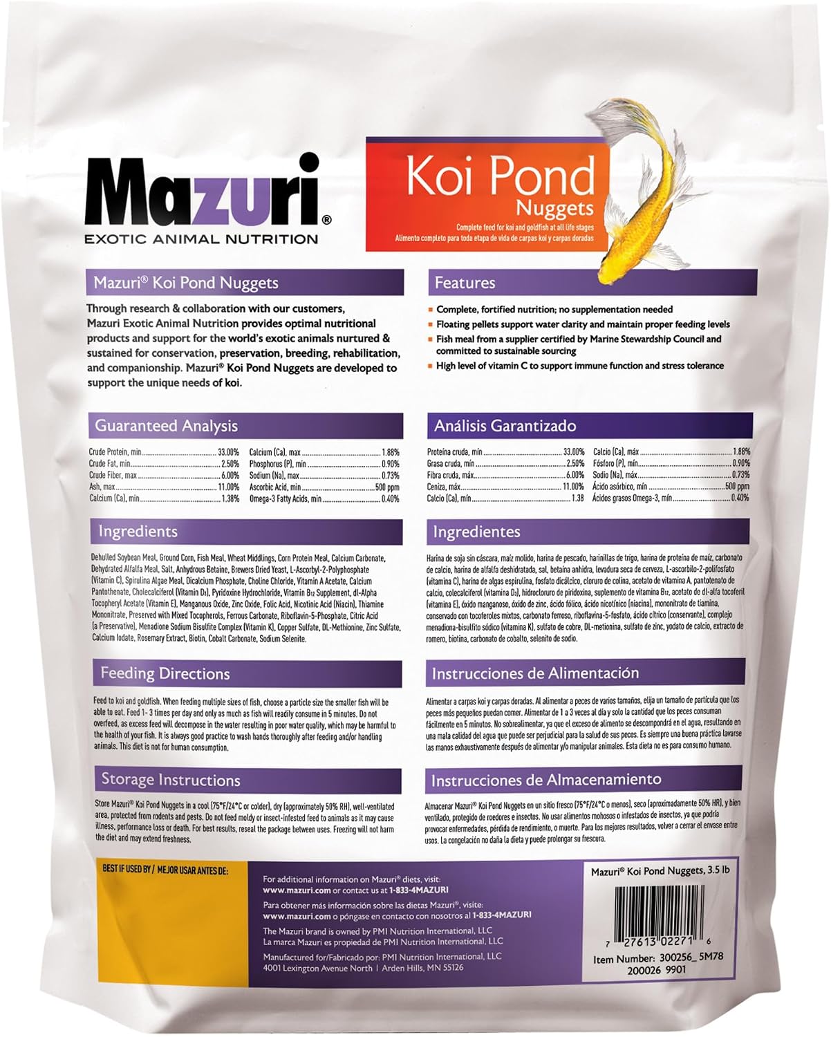 Mazuri Koi Floating Pond Nuggets, Floating Koi Fish Food for Ponds, 20 lbs