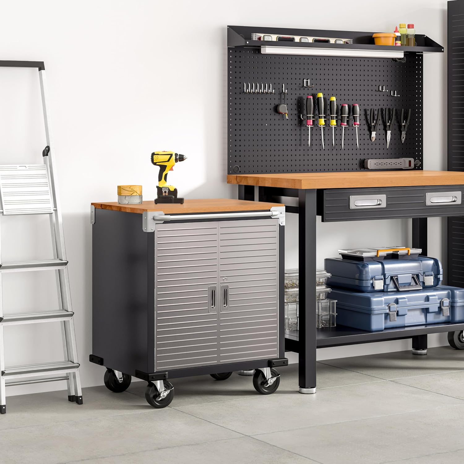 Seville Classics UltraHD Heavy Duty Rolling Cabinet Workbench Table w/Solid Wood Top, Workstation for Garage, Office, Workshop, Granite, 6-Drawer (28" W x 18" D