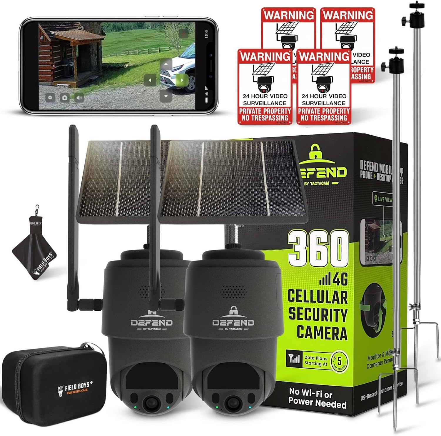 TACTACAM Defend 360 Cellular Security Camera, 4K Photos, 1080p Video, Solar Panel with Rechargeable Battery, 360° Pan/Tilt/Zoom, Weather-Resistant, Includes Case, Mount, Signs, & Cloth (2PK)