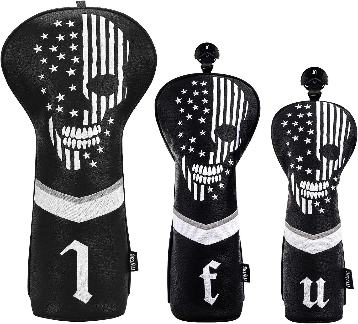 Skull Golf Head Covers Black Synthetic Leather Skeleton Golf Headcovers Set