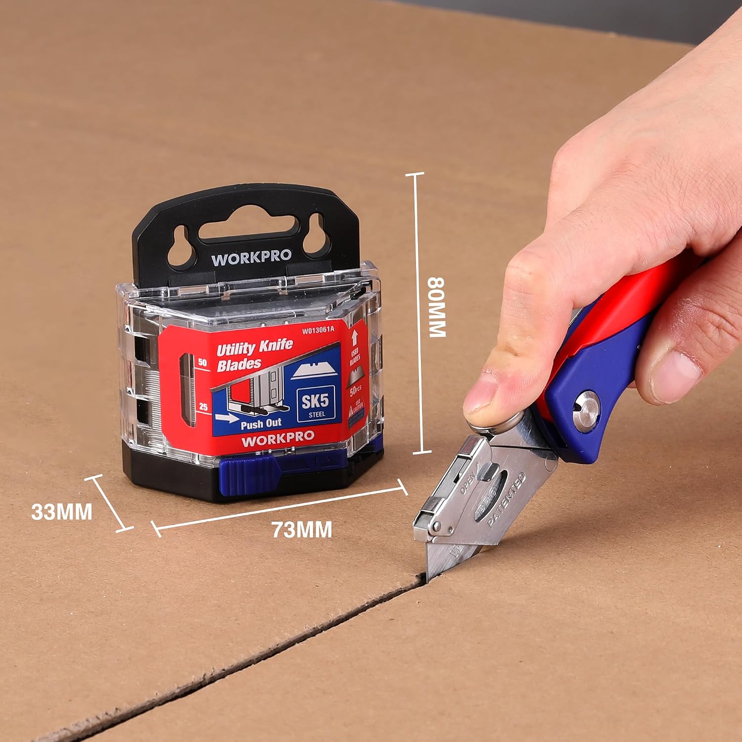 WORKPRO Utility Knife Blades, 100-Pack SK5 Steel Blades with Dispenser | Premium Steel Standard Blades for Box Cutter, Ideal for Cardboard, Leather, Carpet, Rope, Soft Metal, Pipe, etc