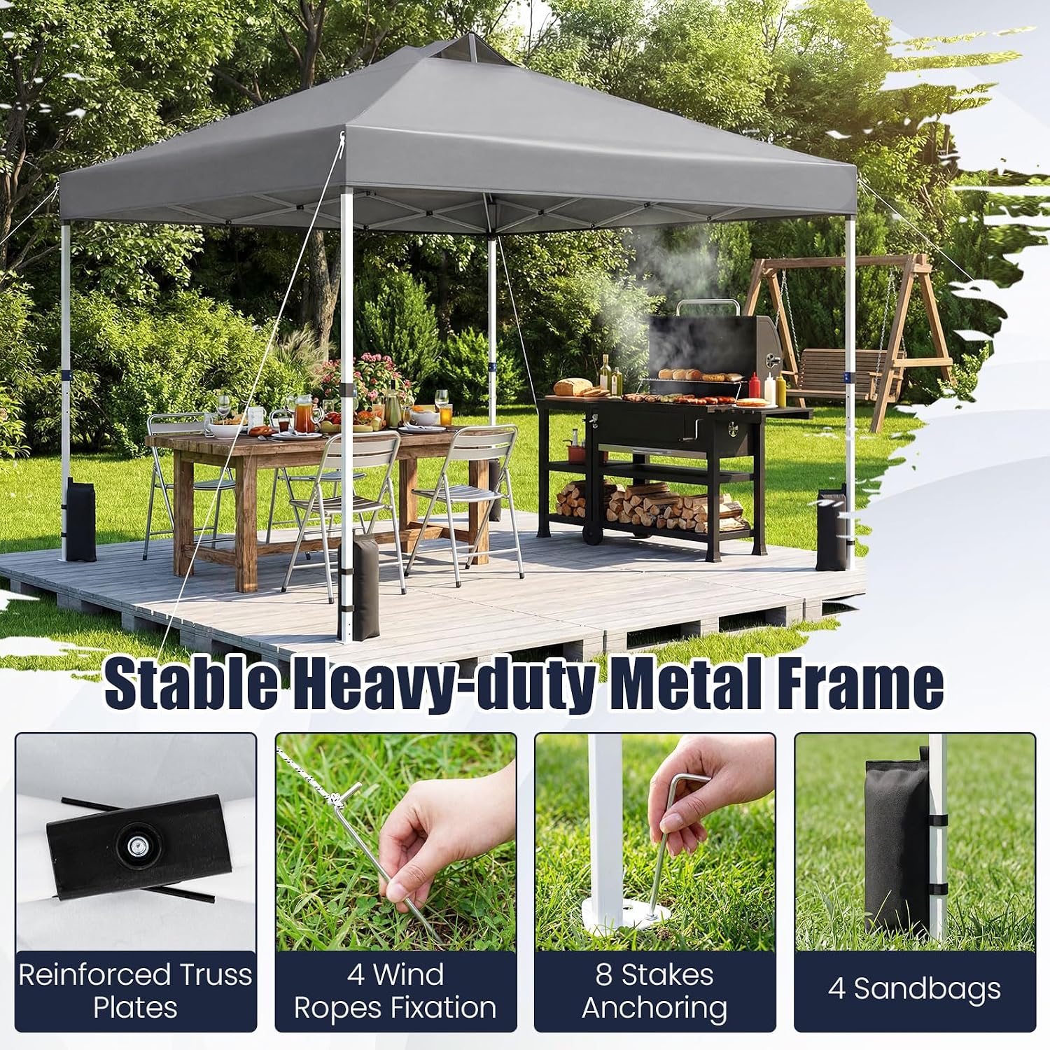 Tangkula 10 x10 Ft Pop Up Canopy with Center Lock, UPF 50+ One-Button Setup Outdoor Canopy Tent with Roller Bag, 4 Sand Bags, Heavy-Duty Steel Frame