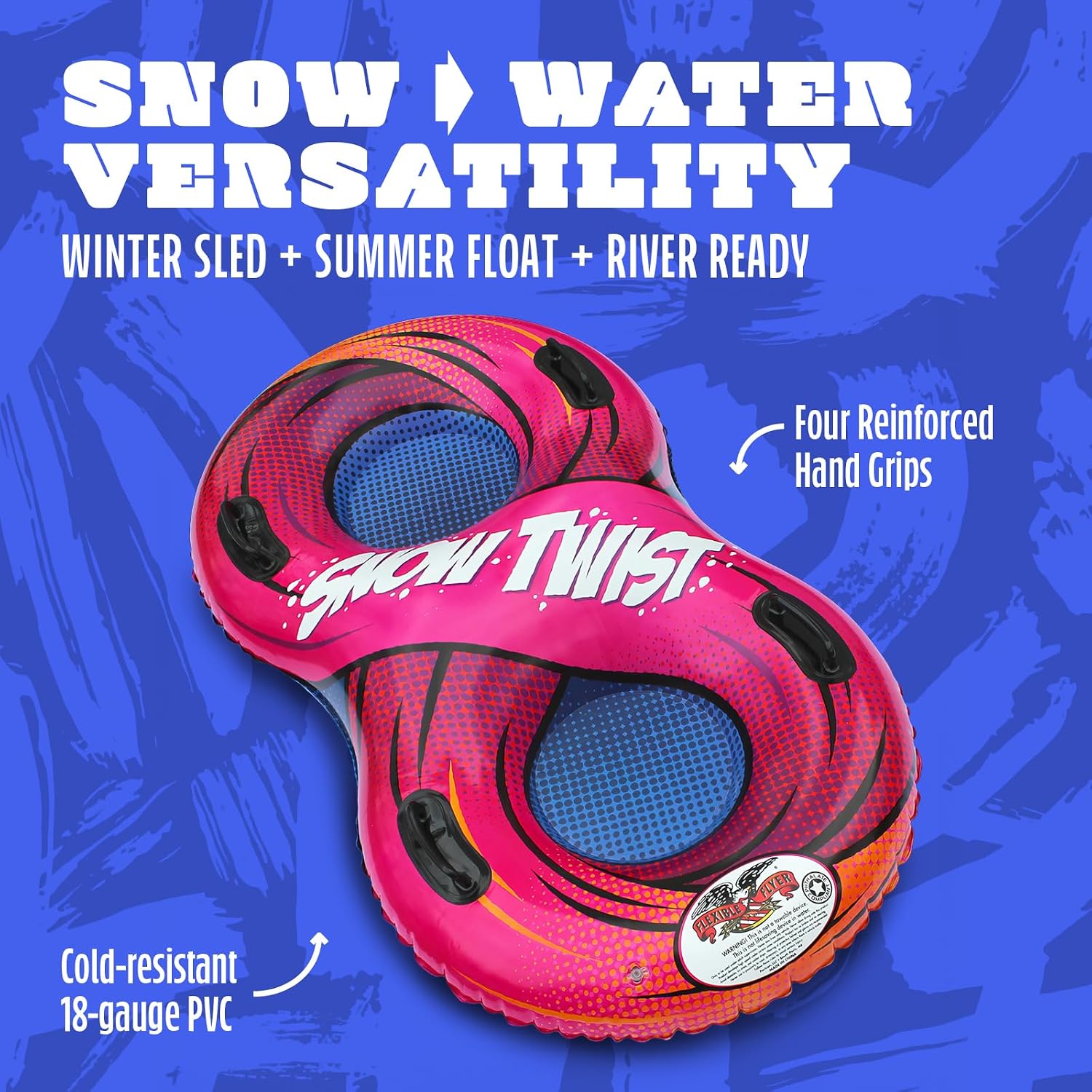 Flexible Flyer 57" Snow Twist Inflatable Tube Sled - 2-Person Pool Float and Snow Tube for Year Round Fun - Heavy Duty Double Sled with Handles for