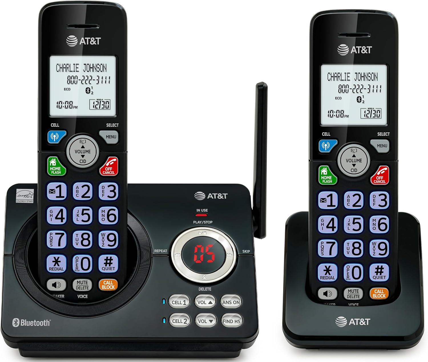 AT&T DL72219 DECT 6.0 2-Handset Cordless Phone for Home with Connect to Cell, Call Blocking, 1.8" Backlit Screen, Big Buttons, intercom