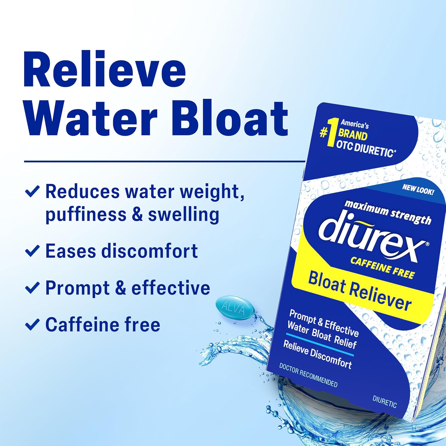 Diurex Caffeine-Free Bloat Relief, Maximum Strength, Relieve Water Bloat Discomfort, Up to 6 Hours of Relief, 48 Count | Promptly relieves water & belly bloat, discomfort, puffiness & swelling. Maximum strength with up to 6 hours relief.