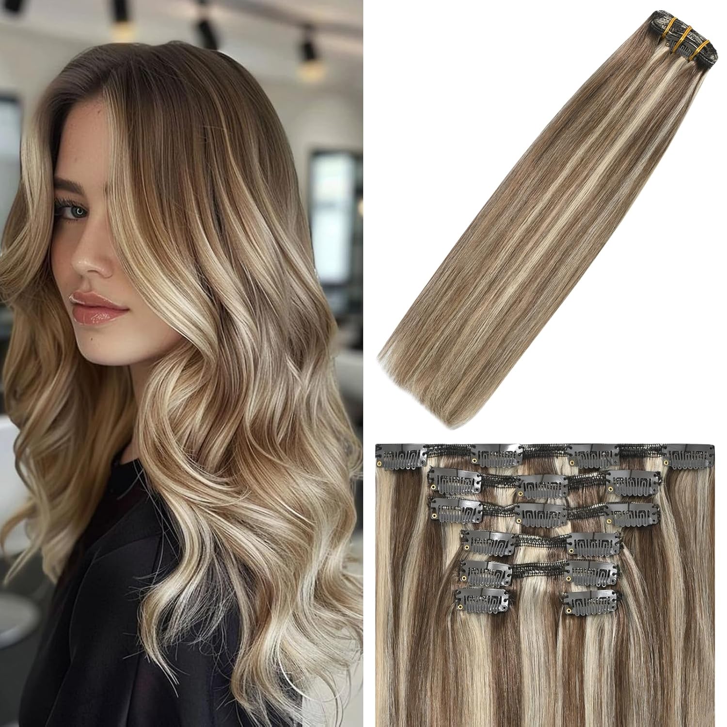 WindTouch Clip In Hair Extensions Human Hair Mixed Bleach Blonde 18Inch 75g Hair Extensions for Women Remy Blonde Extensions Clip in #18p613 7PCS