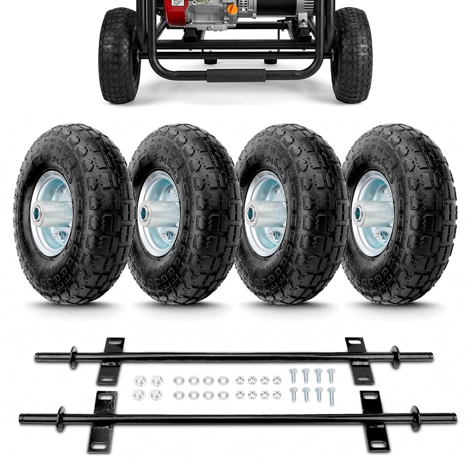 10-Inch Pneumatic Tires Generator Wheel Kit (4 PCS) Compatible with Harbor Freight Predator 6500 8750 9000 Watts, Heavy Duty All-Terrain Cart Wheels