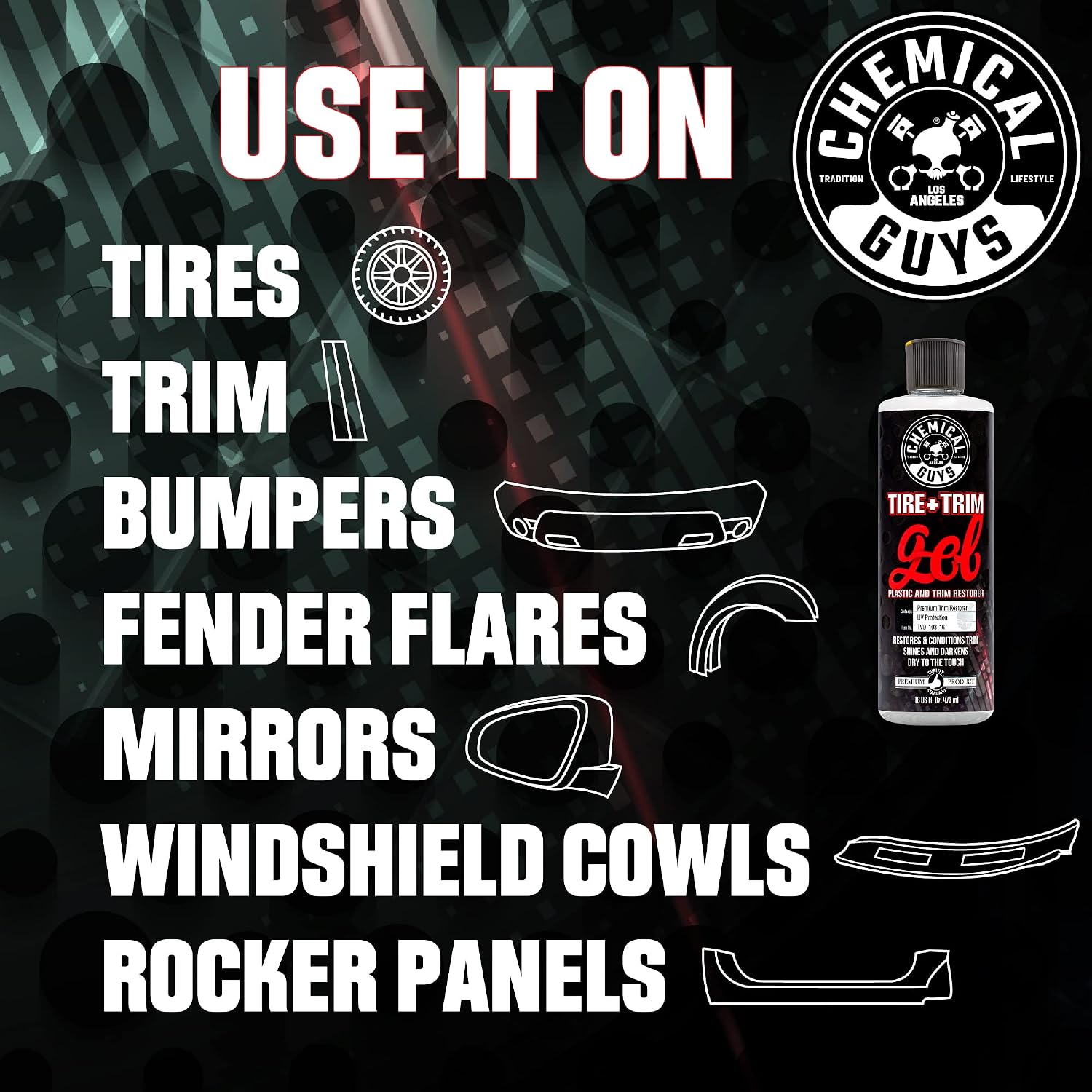 Chemical Guys, Tire & Trim Gel for Plastic & Rubber, Restores Shine, 16 oz | Thick gel restores faded tires