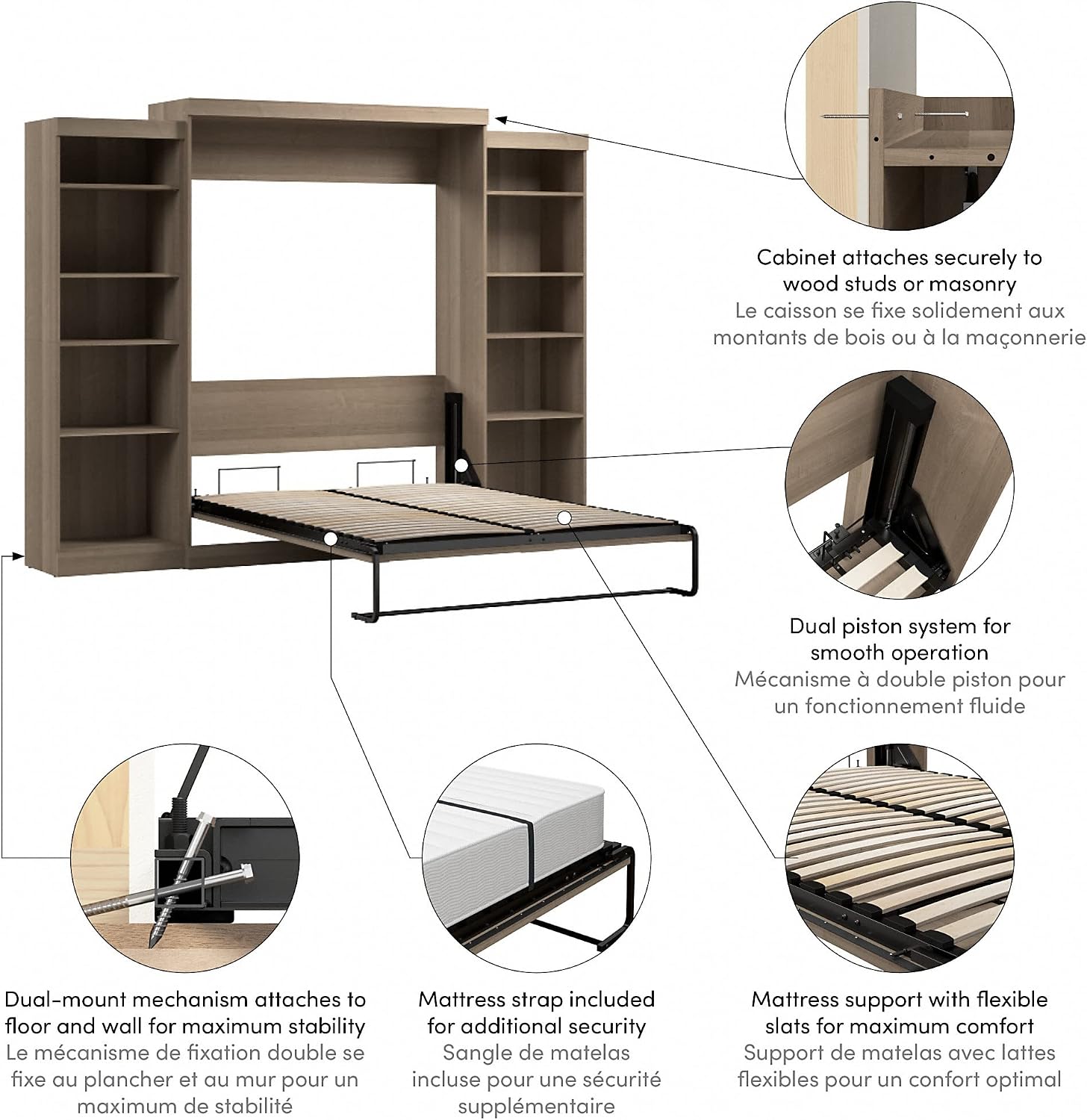 Bestar Pur Full Murphy Bed and 2 Shelving Units with Drawers, 109-inch Space-Saving Sleeping Arrangement in White | 2 Shelving Units with Drawers; supports up to 1000 lb; min. ceiling height 86.4 in.; dual piston mechanism; 10-year warranty