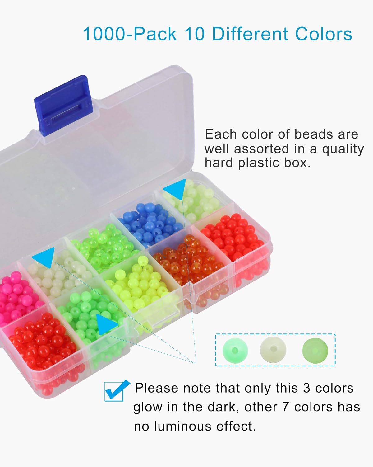 Fishing Beads Assorted Set, 1000pcs 5mm Round Float Glow Fishing Rig Beads Fishing Lure Tackle