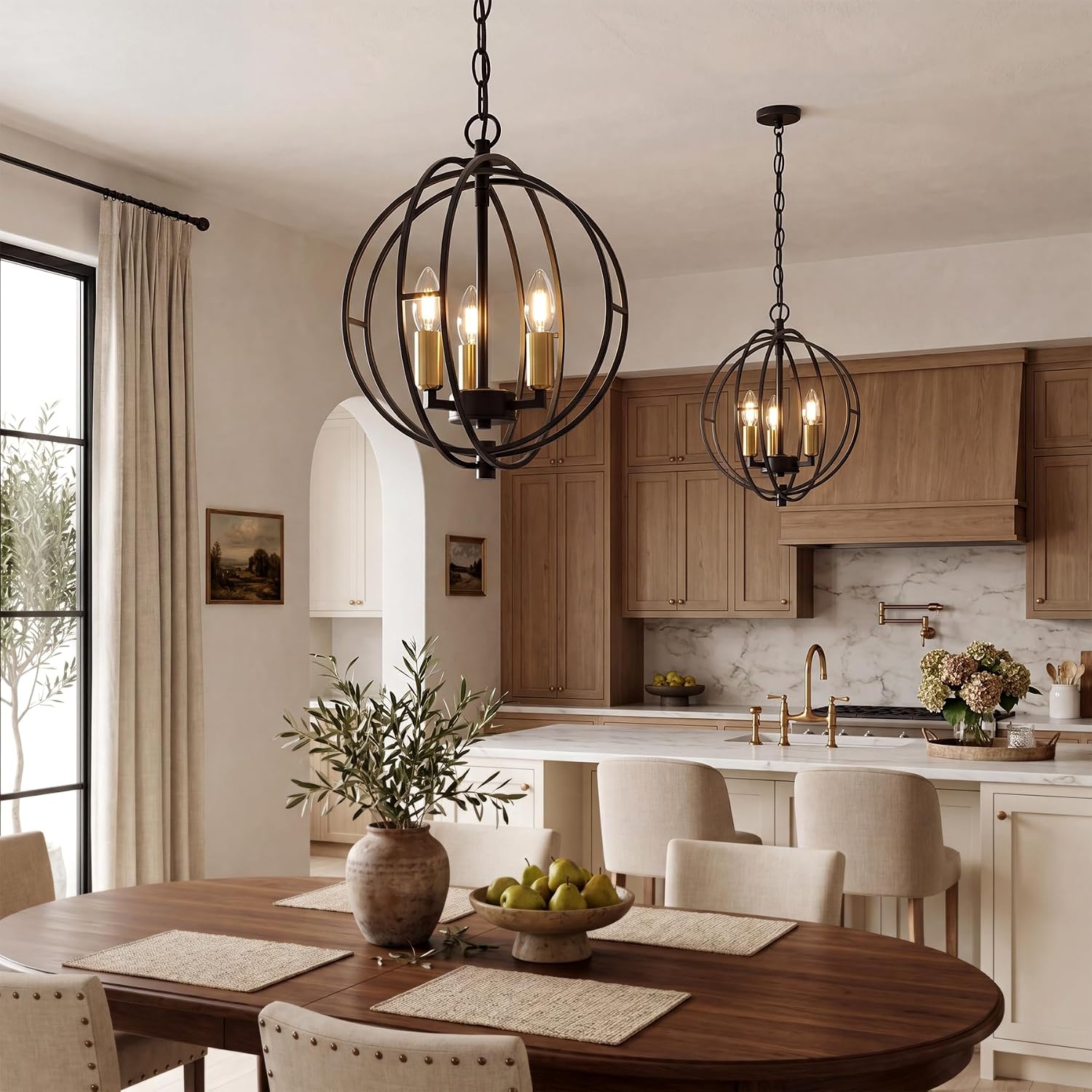 3-Light Farmhouse Chandelier, Black Industrial Metal Globe Pendant Light | Adjustable Hanging Height, for Kitchen Island, Dining Room, Foyer, Entryway