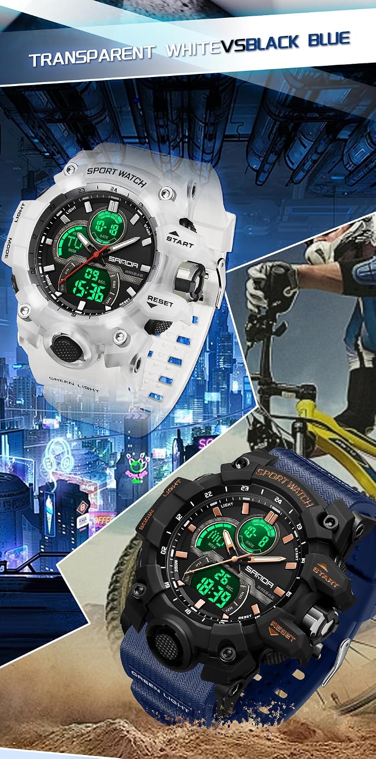 FANMIS Men Sports Outdoor Watch Analog Digital Multifunctional Black Watch | Black Sports Watch Casual Quartz Wristwatch Waterproof Military Wrist Watch Tactics LED Alarm Stopwatch Digital Watch for Men