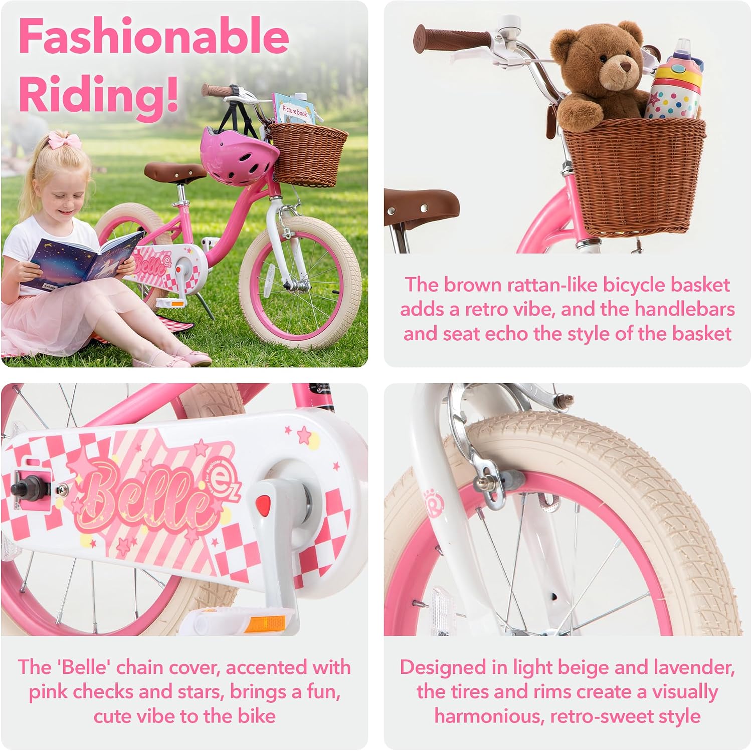 RoyalBaby Girls Bike Belle EZ Kids Bike, Balance and Pedal Bicycle, 14 16 18 Inch Wheel for Age 3-8 Years Toddlers to Big Kids, Pink & Purple