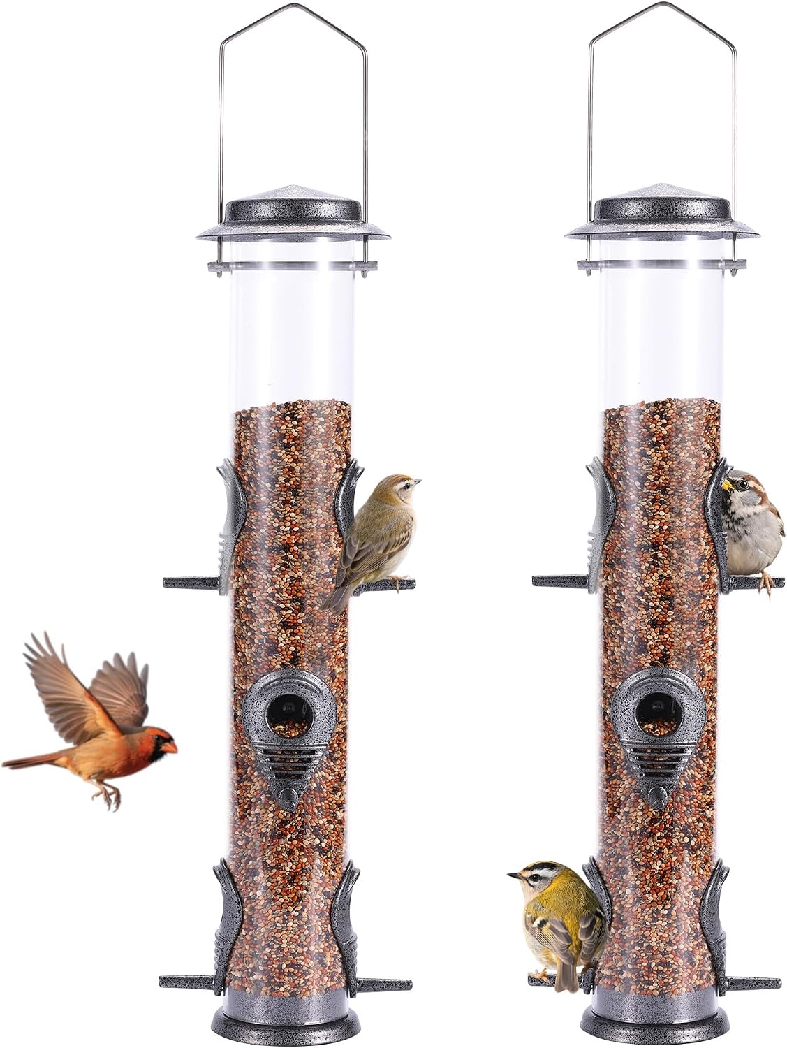 MIXXIDEA 1PK Metal Bird Feeders with 6 Feeding Ports, Tube Bird Feeder with Steel Hanger, Hard Plastic Wild Bird Feeder for Outdoors Hanging