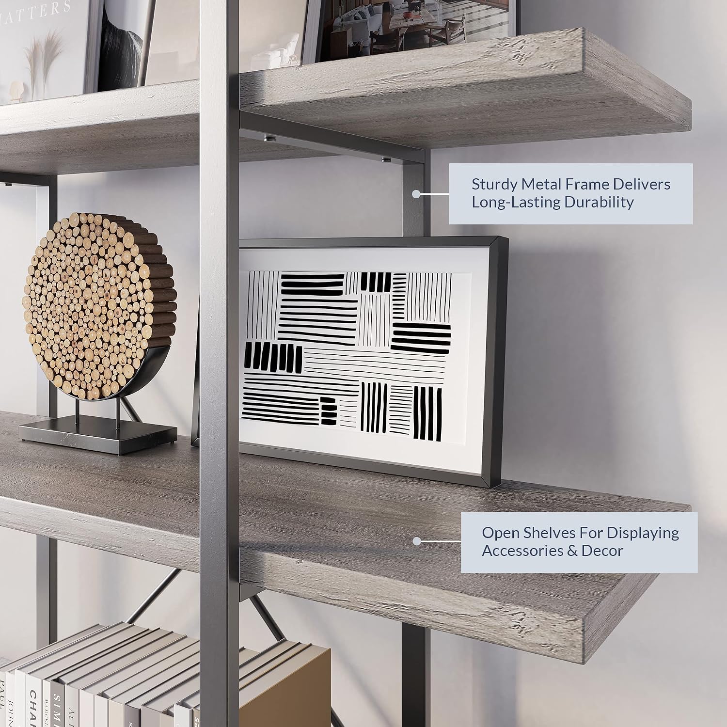 BELLEZE 4 Tier Modern Rustic Industrial Bookshelf, Open Wide Office Etagere Book Shelf