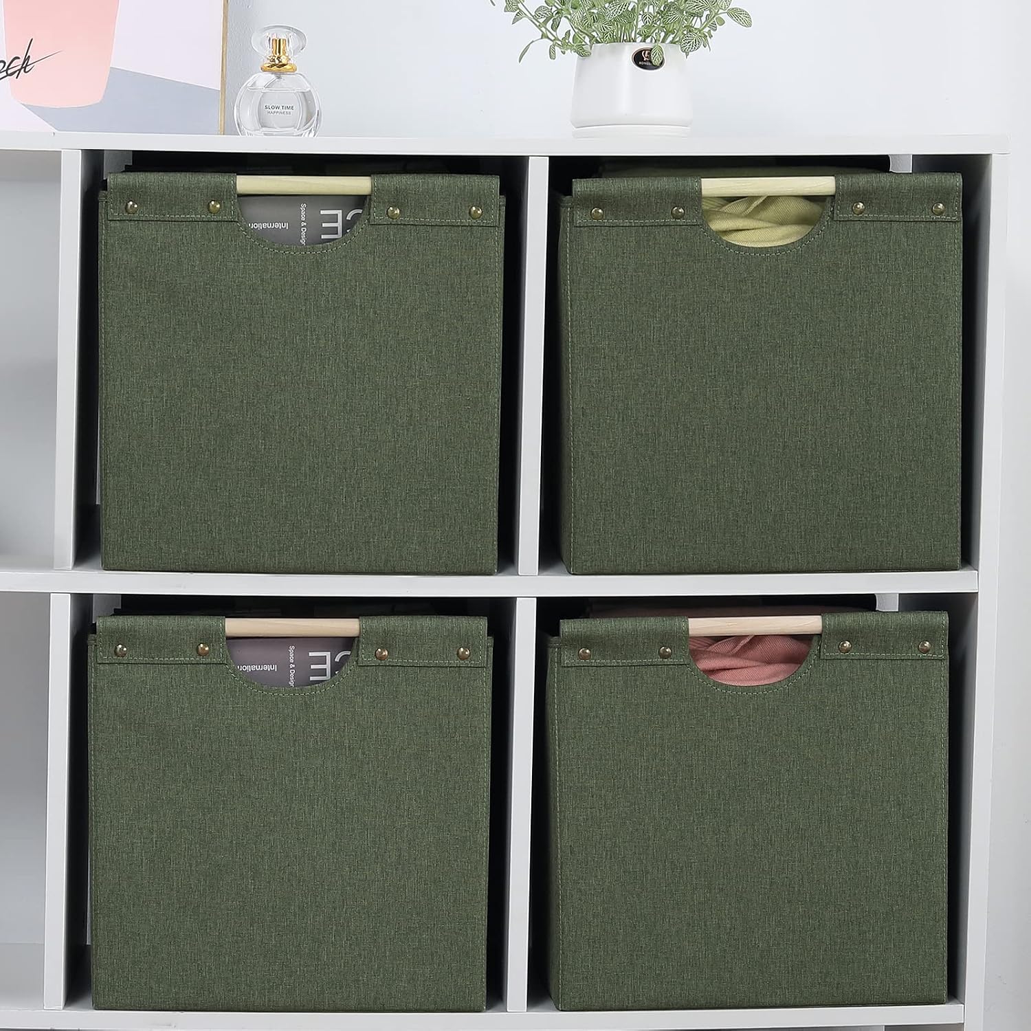 HOONEX Large Collapsible Storage Bins, Linen Fabric, 2 Pack, Storage Baskets with Wooden Carry Handles and Sturdy Heavy Cardboard, for Home, Office