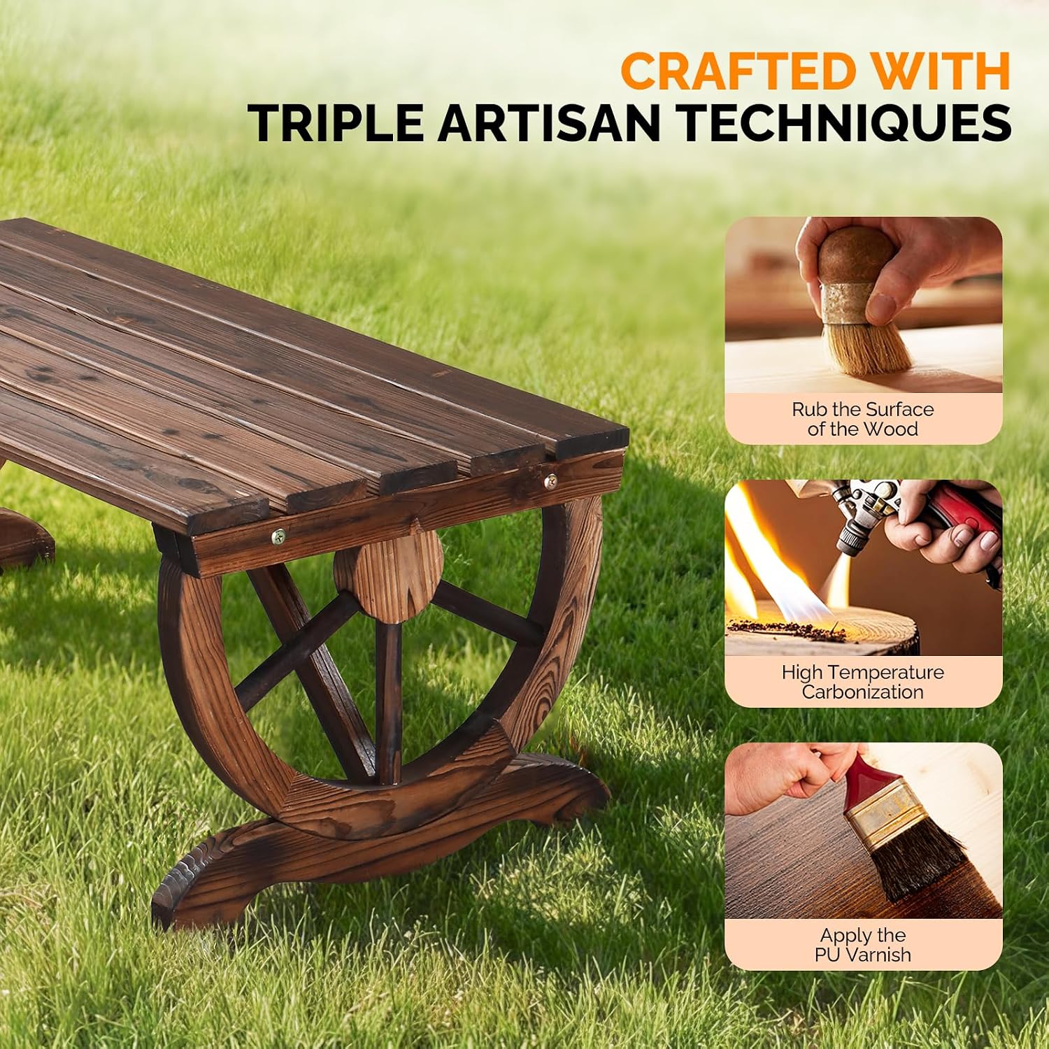 VINGLI Rustic Wooden Wheel Bench Outdoor Bench, Patio Bench Wagon Slatted Seat, Garden Benches for Outdoors 350lbs High Capacity