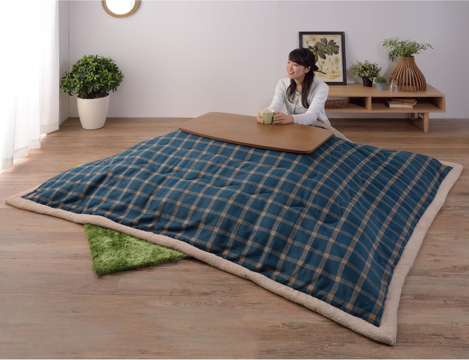 AZUMAYA Kotatsu Heater Folding Legs Table W36.0 x D20.0 x H14.5 Inches Natural Oak and Rubber Wood Material Home and Living Herringbone Pattern Table Top Wood Brown Color KT-111