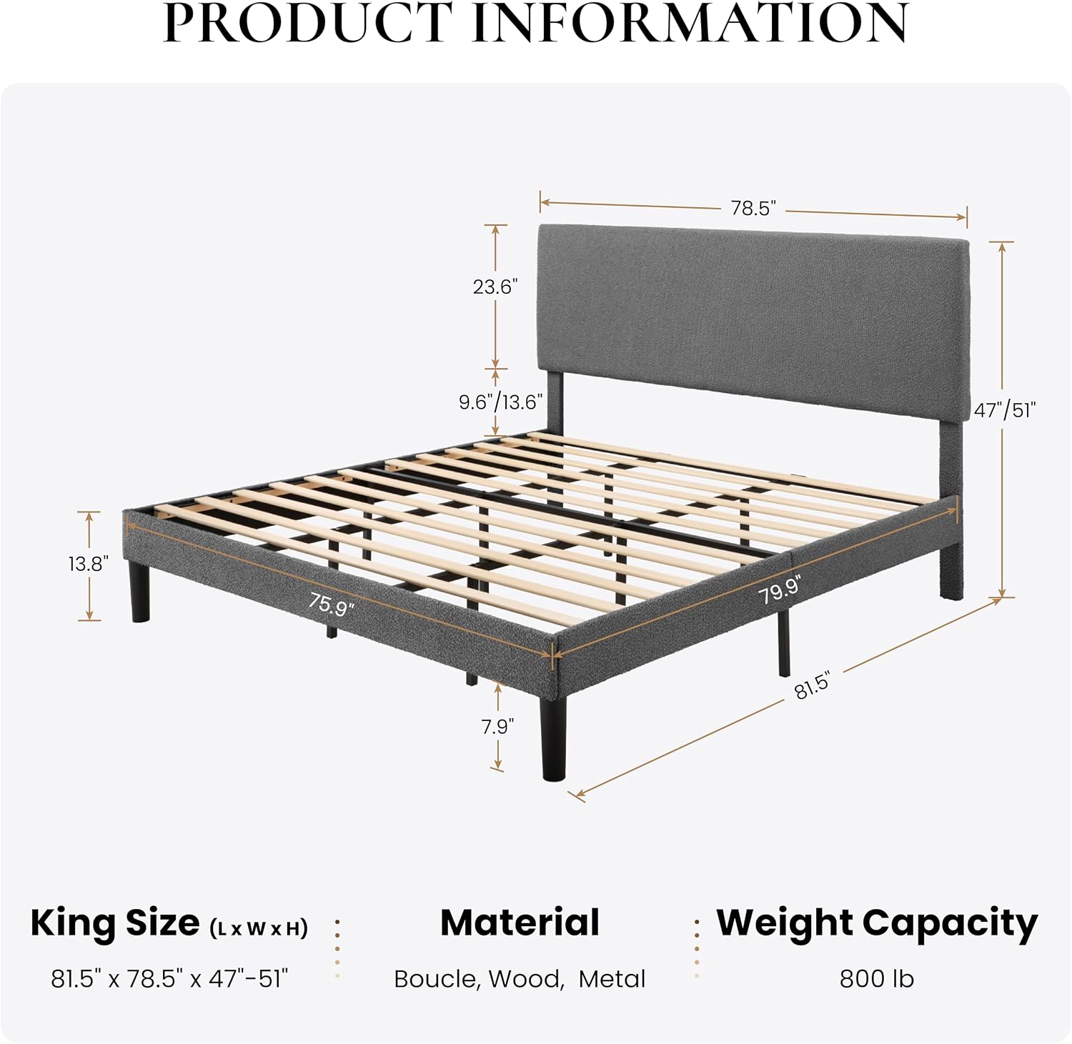 SHA CERLIN Boucle Upholstered Queen Size Bed Frame, White | Platform Bed with Adjustable Headboard, Wooden Slats Support, No Box Spring Needed, Noise-Free, Easy Assembly