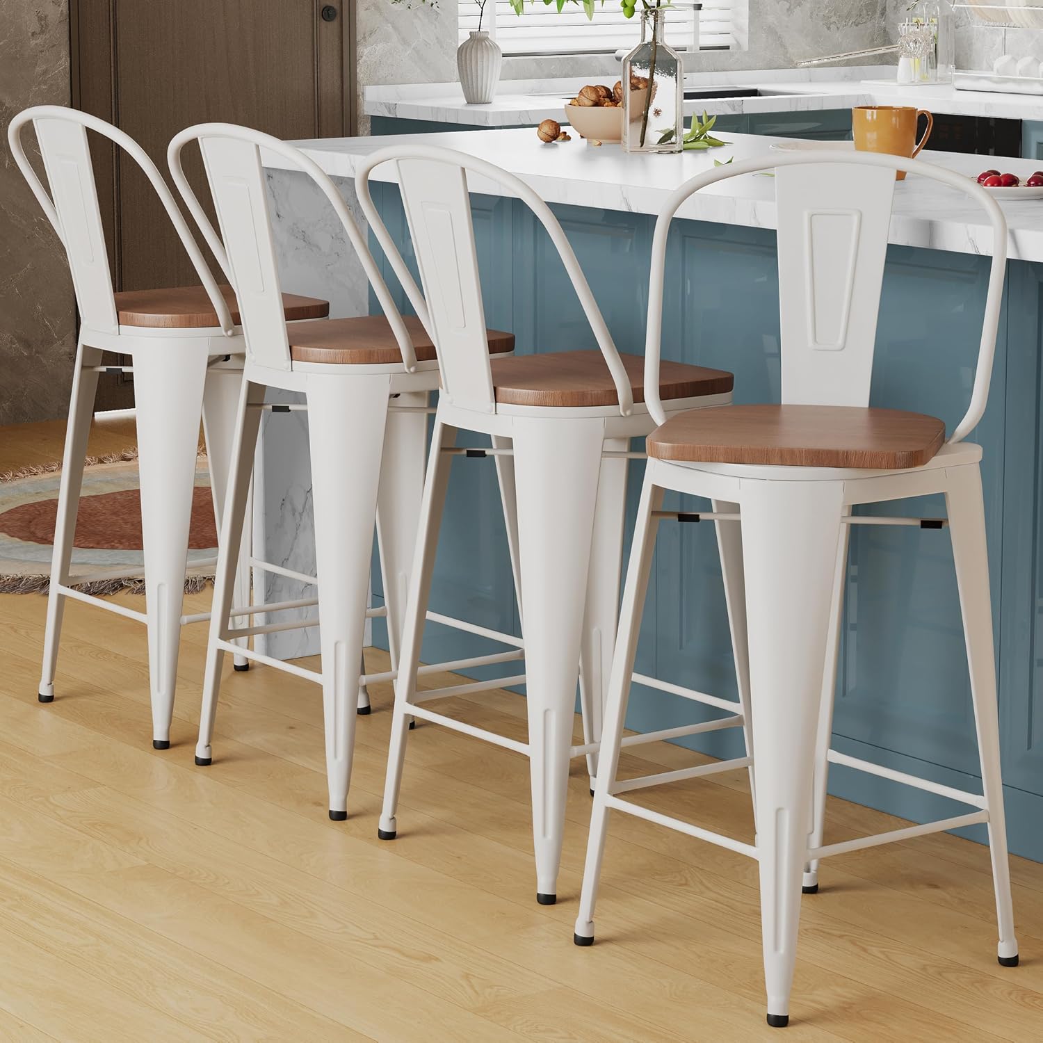 Alunaune 24" Swivel Metal Bar Stools Set of 4 High Back Counter Height Barstools Industrial Dining Bar Chairs with Large Wooden Seat-Matte Black