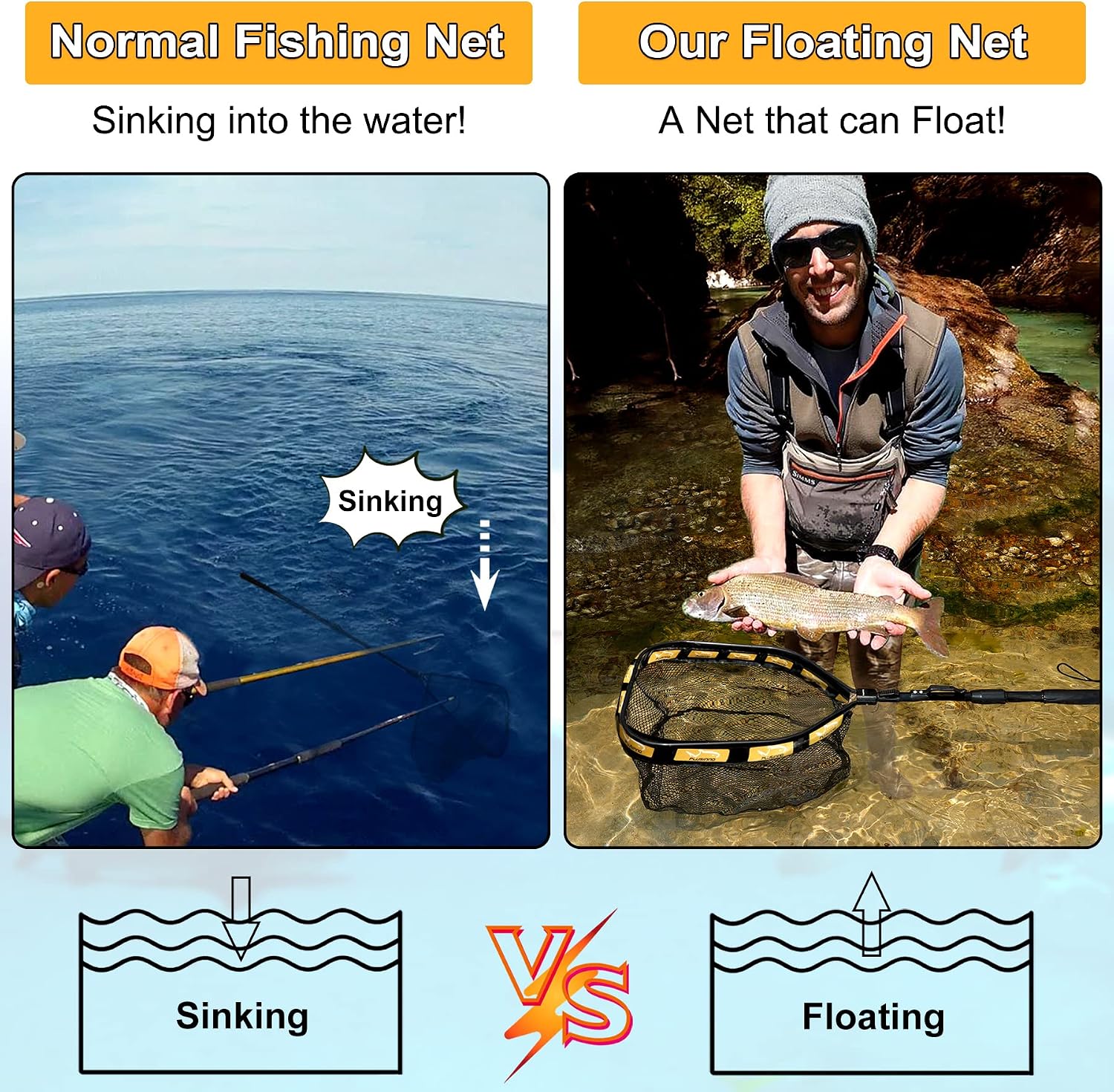 PLUSINNO Floating Fishing Net for Steelhead, Salmon, Fly, Kayak, Catfish, Bass, Trout Fishing
